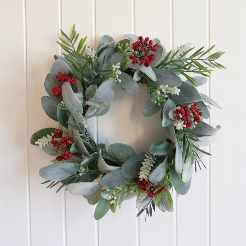 Christmas Wreath for Cabinet, Small Winter Lambs Ear Candle Ring
